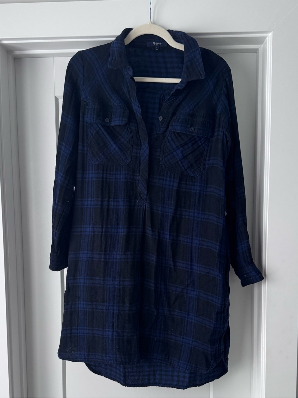 Madewell Blue and Black Plaid Flannel Shirt Dress